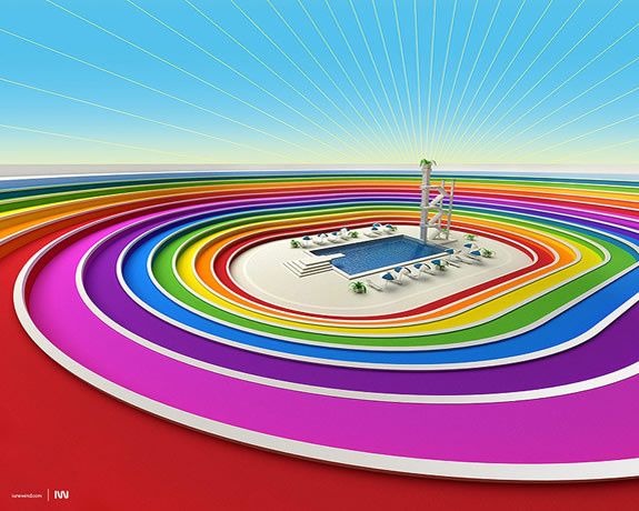 a coloured stadium surrounding a swimming pool